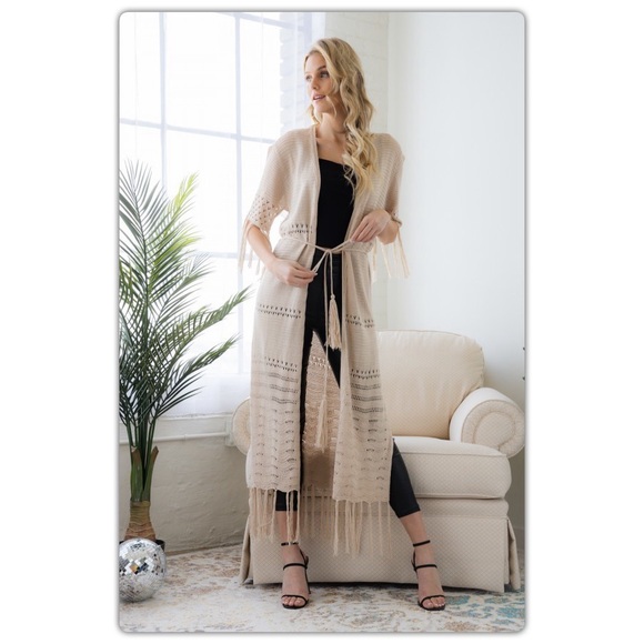 Long Fringe Duster Kimono in Natural - Picture 6 of 7